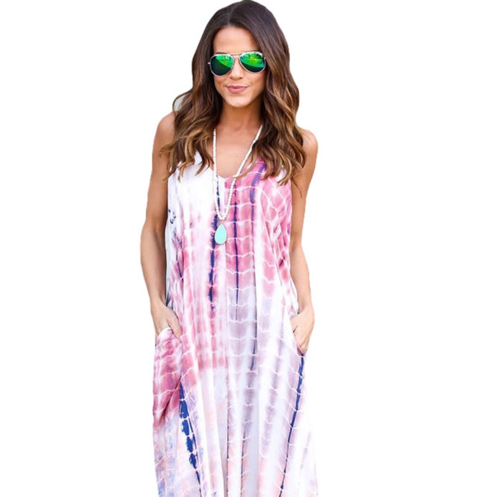 Tie Dye Print Boho Pocketed Maxi Dress
